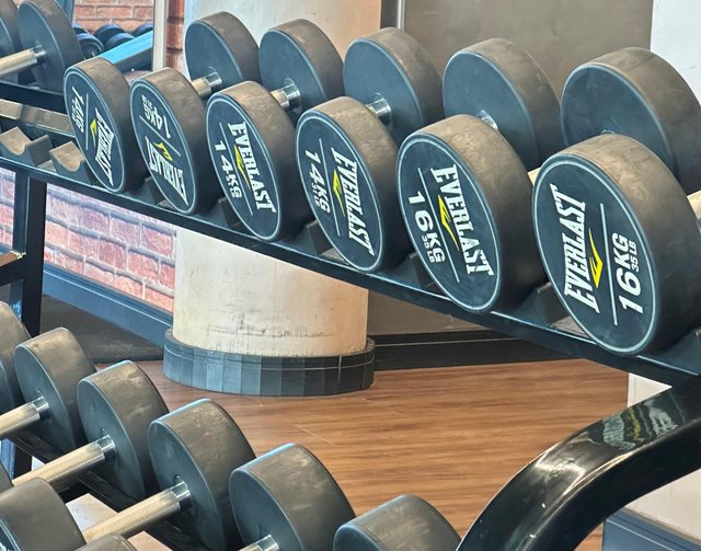 Rack de halteres, em close.